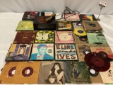 Antique RCA Victor 45 rpm singles record player w/ lot of DECCA, Capitol, RCA box sets. Tested/