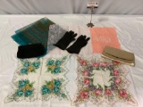 8 pc. lot of vintage ladies handkerchiefs, scarf, black leather gloves, clutch purses.