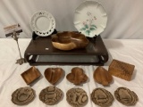 14 pc. lot of vintage decor; Japanese plates, Rosewood stand, teak wood bowls, box, wood saucers