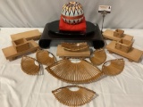 18 pc. lot of vintage Asian decor; woven ball artwork, Ebony wood stand, wooden sake boxes and more.