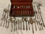 58 pc. mixed lot of vintage silver plate flatware w/ wood case. 1847 Johnson Bros & more.