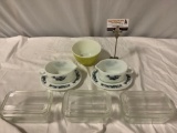 8 pc. lot vintage PYREX glass kitchen and tableware; bowl, 2 pitchers w/ saucers, 3 loaf pans w/