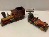 2 pc. lot of wooden model vehicles; train locomotive, car, approx. 10 x 5 x 3 in.