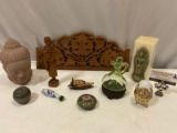 10 pc. Lot of vintage / modern Asian decor; wood carved figure/ boat, cloisonne make-up jar +