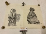 2 pc. Lot of original female figure drawings signed by artist, approx 10 x 14 in.