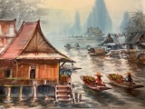 Small Asian village scene original watercolor painting signed by artist, approx 10 x 8 in.