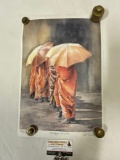 Signed / numbered watercolor art print on monks in rain w/ umbrellas: Saffron & Gold, #ed 35/500