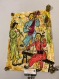 Original signed artwork drawing of female musicians by Shen Renqian w/ printed bio, approx 16 x 21.5