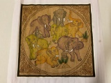 Vintage elephant sand painting artwork on cloth, approx 18 x 17 in.
