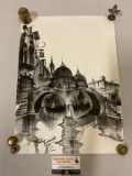 Dramatic original architectural charcoal drawing , signed by artist, approx 14 x 20 in.