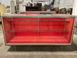 Large vintage standing glass display case, back loading, with two glass shelves, approx 22 x 73 x 40