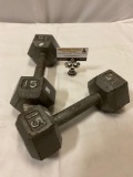 Pair of 15 lb. metal dumbbell exercise weights, approx 10 x 4 x 4 in.