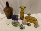 10 pc. lot of glass decor / collectibles; paperweights, vase, dish w/ lid, thick glass bowl from