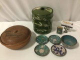 8 pc. lot of vintage Asian tableware, Chinese metal enameled plates / bowl & match box.