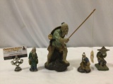 4 pc. lot of ceramic stoneware Chinese old man figure sculptures, fisherman and w/ catch