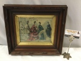 Framed old antique color tinted art print of Victorian ladies w/ horse & dog