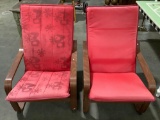 2 pc. vintage IKEA wooden lounge chairs w/ red cushions, approx 26 x 27 x 38 in.