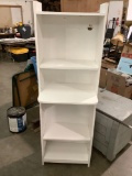 white painted wood media shelf, approx 23 x 18 x 72 in.