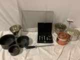 11 pc. lot of kitchen / barware; cake molds, wire rack, sharpener, crocs, copper double boiler.