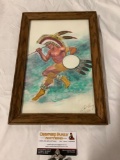 framed original portrait painting of Native American warrior signed by artist Cal Garry, 1993