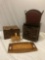 5 pc. lot of vintage/ modern decor, baskets, cutting board, storage cubby, approx 15 x 11 x 15 in.