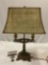 Antique lamp w/ shade, tested & working, approx 14 x 21 x 9 in. Sold as is.