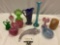 11 pc. lot of vintage art glass home decor; carnival glass pitcher (chipped), horn, hobnail glass,