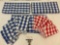 Nice collection of linen napkins & matching tablecloths, red/ blue checkered pattern.