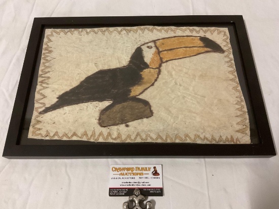 Framed original painting of a toucan on handmade paper, approx 18 x 12 in.