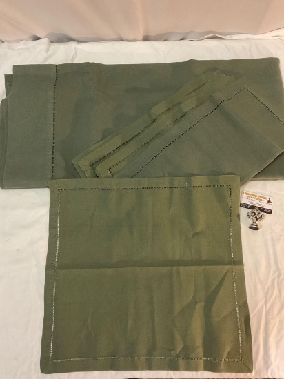 8 pc. Vintage handsewn olive linen tablecloth with matching placemats.