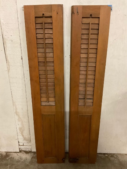 Antique wooden French doors w/ slatted windows & latch lock, approx 63 x 12 in. each. Shows wear,