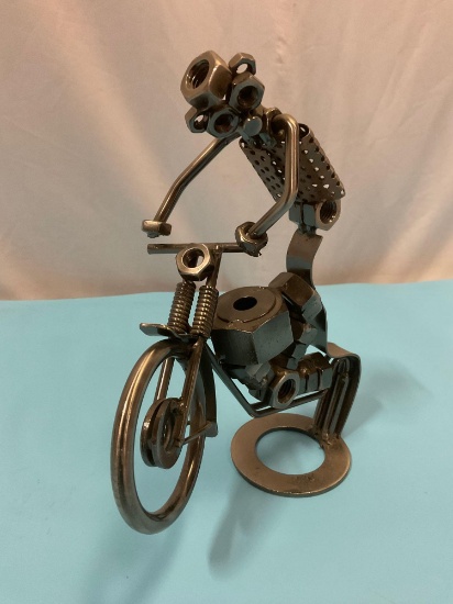 Found metal nuts & bolts sculpture art of BMX bicycle trick bike motorcycle motocross rider