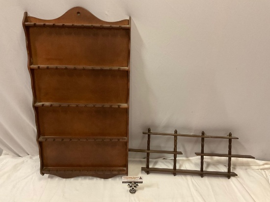 2 pc. lot of vintage wooden display racks; spoon collection rack, small hanging display shelf