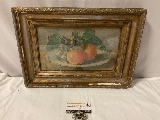 Antique framed still life fruit plate watercolor artwork, approx 17 x 13 in.