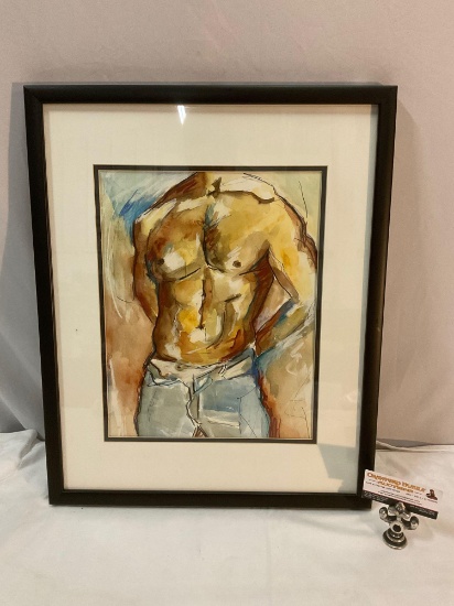 Framed original artwork drawing of a fit man?s torso, approx 17 x 21.5 in.
