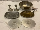 7 pc. lot of vintage metal home decor; Gotham pewter bowl / candlestick holders, brass bowl, Give Us