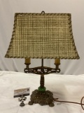 Antique lamp w/ shade, tested & working, approx 14 x 21 x 9 in. Sold as is.