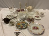 Mixed lot of vintage home decor / tableware; wood candle holders, tea cup / saucer, plates, tea pot