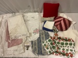 Lot of tablecloths, linens, placemats, napkins, pillow, pin cushion and more.