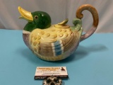 1986 FF ceramic hand painted duck tea pot, made in Japan, approx 10 x 6 x 7 in.