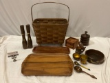 Lot of vintage wooden decor; woven basket w/ wood handle, coasters, serving tray, salt/ pepper,
