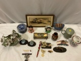 Large lot of vintage Asian decor/ collectibles; framed art, ceramic figure planter, stone flower