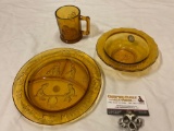 3 pc. antique amber glass children?s Humpty Dumpty mug, Margery Daw plate, Tiara Exclusive fairy