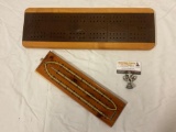 2 pc. Lot of vintage wood cribbage game boards; Yellowstone National Park Cribbage set w/ pegs