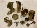 Lot of vintage / antique brass home decor; Leonard boot vase, door knobs, napkin rings, lidded dish