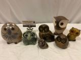 7 pc. lot of vintage ceramic owl figurines, approx 4 x 6 in. 2 marked: Roselane