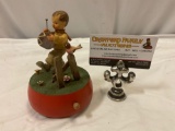 Vintage ANRI wooden rotating music box w/ matching boy figure, approx 4 x 5 in. Plays: Camelot.