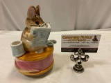 Vintage Schmid - Beatrix Potter rotating ceramic music box of mouse reading newspaper, made in Japan