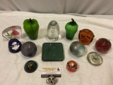 13 pc. lot of vintage art glass paperweights; peppers, apples, owl, Murano - Italy, Schmid - Sister