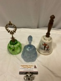 3 pc. lot of vintage bells: Polish crystal, blue carnival glass, Gotham - Norman Rockwell Ski Skills